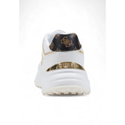Back view of guess women white platform sneakers for fall winter with gold-tone branding and black patterned heel tab