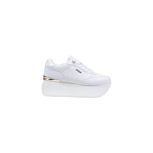 Guess Women white platform sneakers with leather upper and gold heel accent