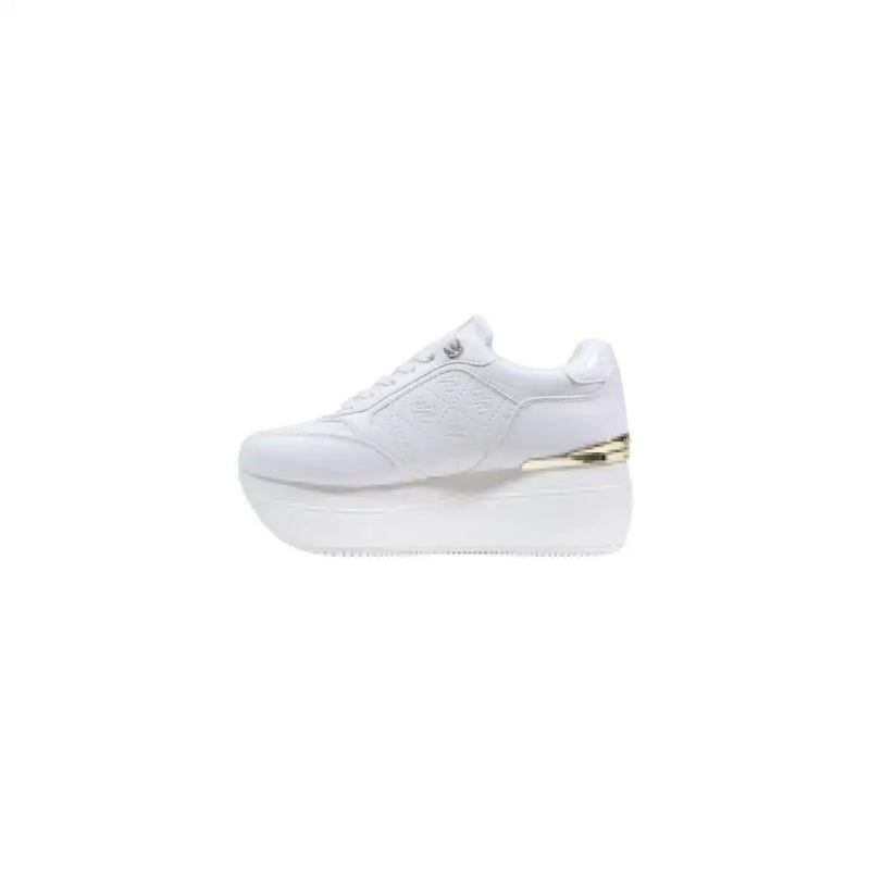 Guess women white platform sneaker with sleek minimalist design and subtle gold accent along the heel back side