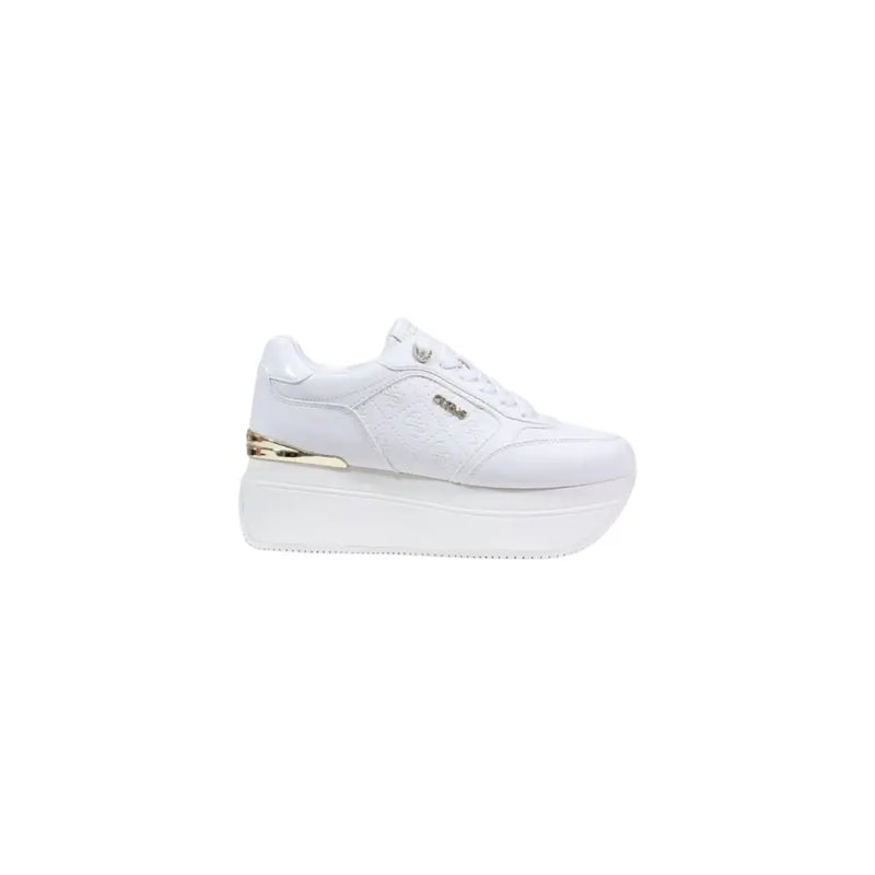 Guess women white platform sneakers with gold metallic heel accent and subtle embossed branding spring summer collection