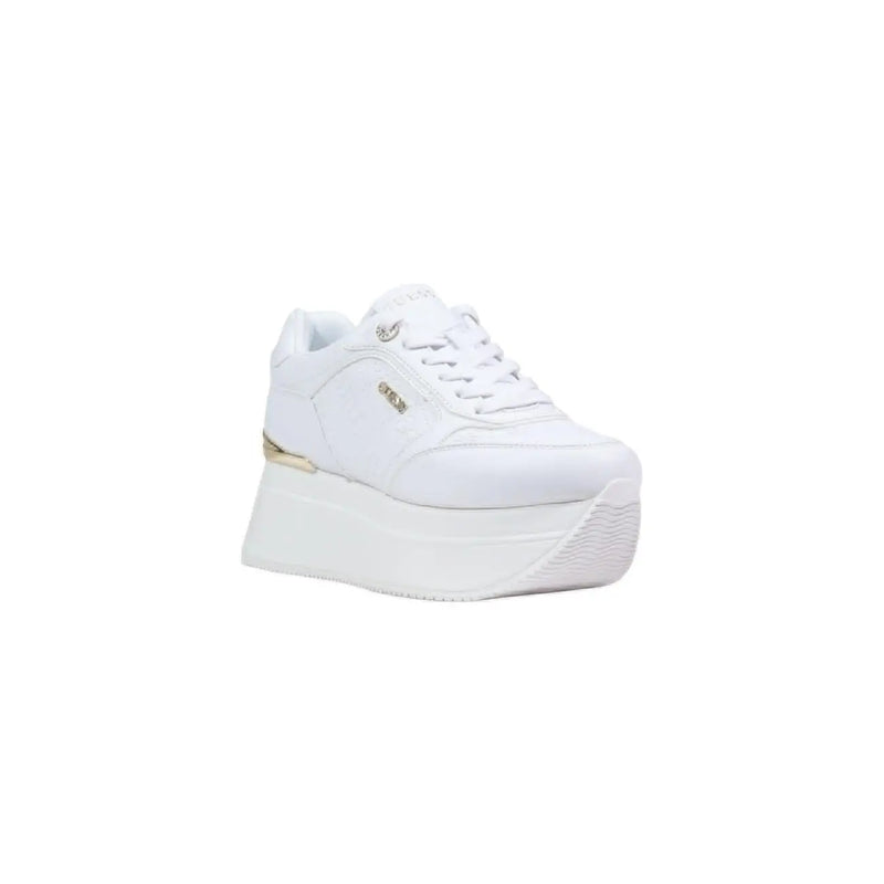 Guess women white platform sneaker with sleek minimalist design and subtle gold accents on the heel in spring summer collection