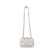 White quilted shoulder bag with silver chain strap and studded embellishments for Guess Women