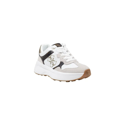 Guess Modische Damen-Sneaker aus Polyurethan in Weiß und Schwarz mit klobiger Sohle und goldfarbenem Metallic-Logo an der Seite