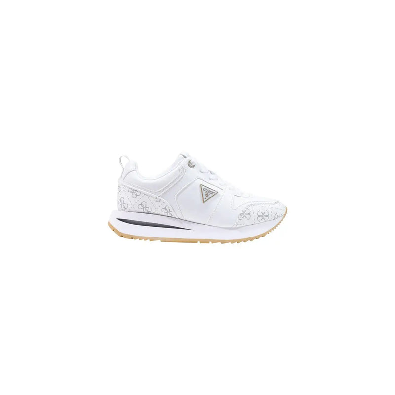 White Guess women polyurethane sneakers evory with subtle pattern and silver triangular logo on the side