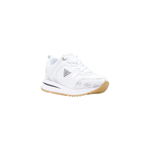 Guess women white polyurethane sneakers evory with subtle silver floral pattern and tan rubber sole