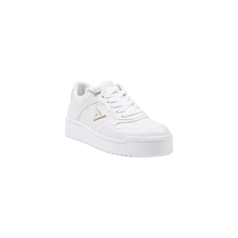 Guess women white polyurethane platform sneakers lace up with sleek minimalist design and subtle gold-tone branding