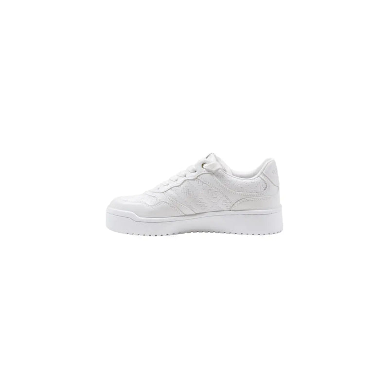 Guess women white polyurethane platform sneaker with clean minimalist design and subtle textured panels lace up style