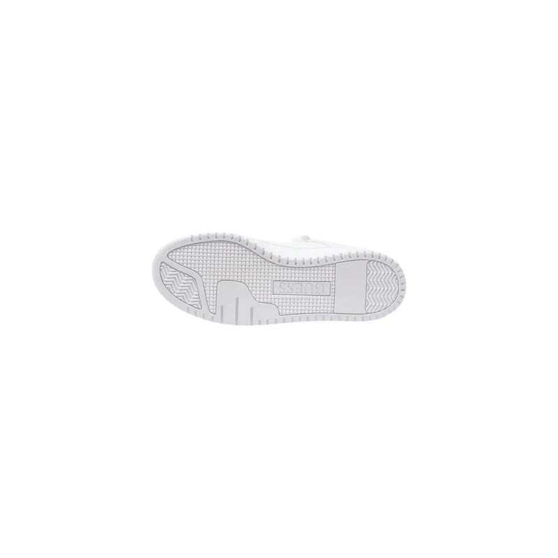 Back side of guess women white polyurethane sneakers lace up showing white rubber sole with puma logo and textured grip