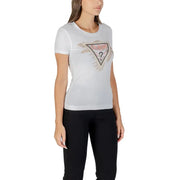 Guess women white short sleeve round neck t shirt featuring a triangular pink and gold feathered logo design