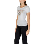 Guess Women white printed short sleeve round neck t shirt with triangular floral and feather logo in pink gold and black