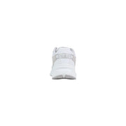 Guess women white sneakers polyester lace up sport shoes with sleek modern design and gray heel tab accents back view