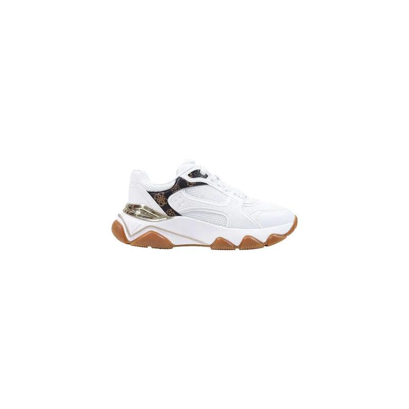 Guess women white chunky sneaker with black and gold mesh upper and gum rubber sole made of polyester polyurethane