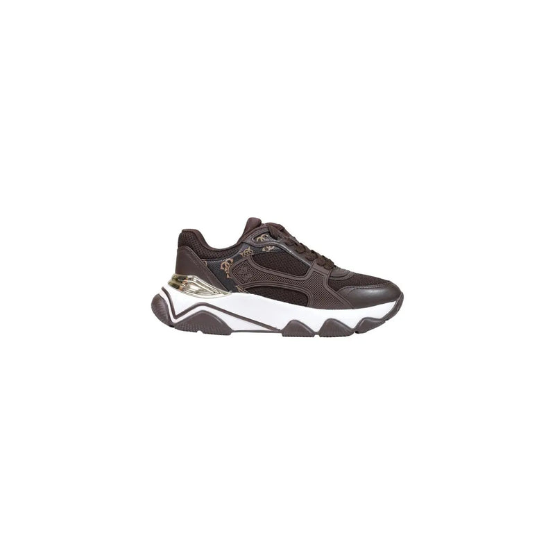 Guess women white sneakers featuring dark brown chunky design with white midsole and metallic gold heel accents