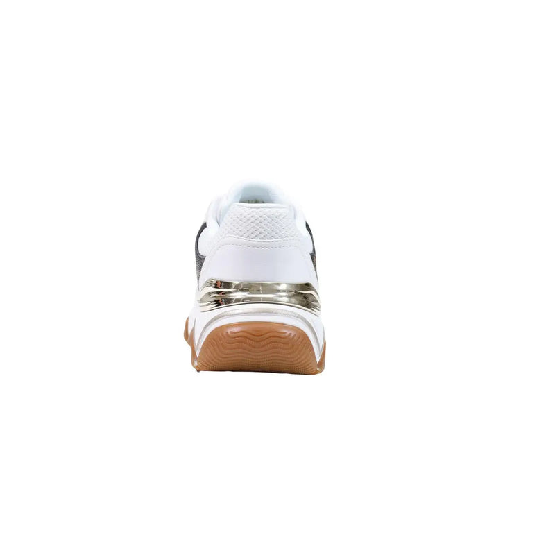 Guess women white sneakers with black side panels metallic silver accent band polyester polyurethane materials and tan sole