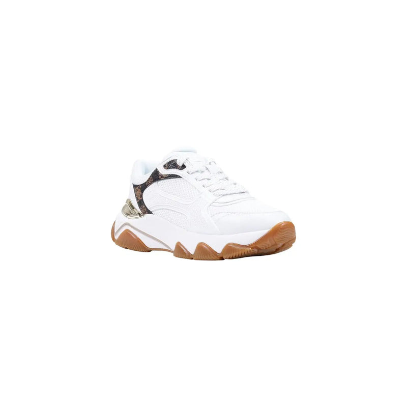 Guess women white sneakers with chunky tan sole and black patterned accents made of polyester and polyurethane