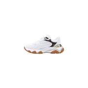 Guess women white sneakers with tan chunky design black patterned accents and metallic gold polyurethane heel detail