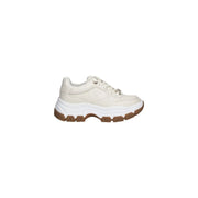 Cream-colored guess women white sneakers with polyurethane lace-up, chunky design, white midsole, and brown outsole