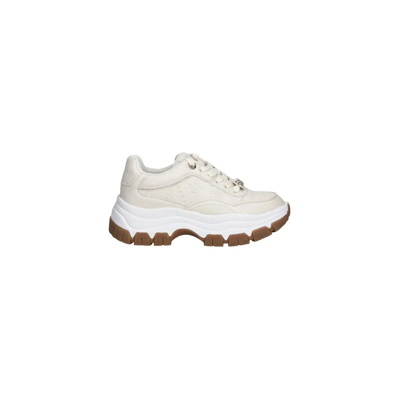 Cream-colored guess women white sneakers with polyurethane lace-up, chunky design, white midsole, and brown outsole