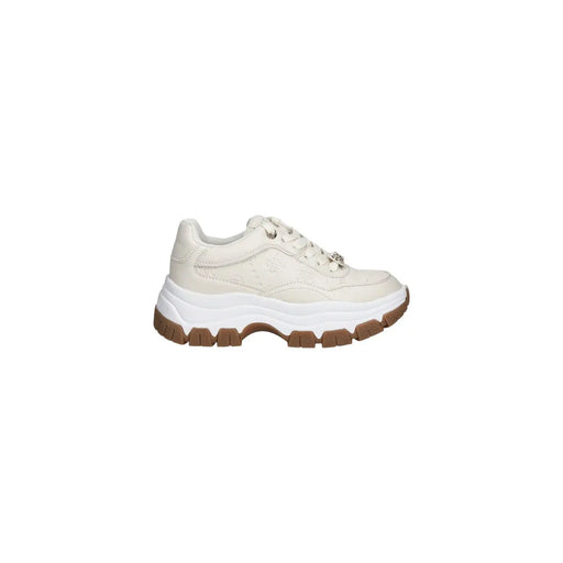 Cream-colored guess women white sneakers with polyurethane lace-up, chunky design, white midsole, and brown outsole