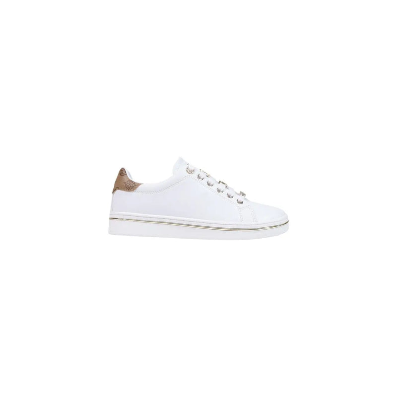 Guess women white leather low-top sneakers with metallic gold heel tab accent and silver eyelets lace up shoes