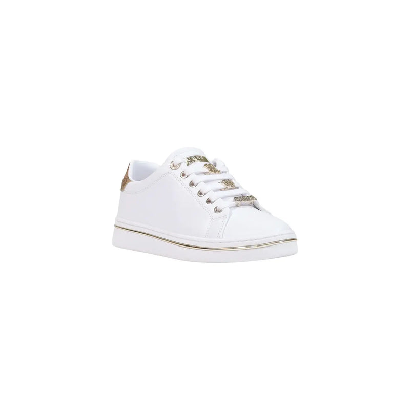 Guess women white low-top sneakers in polyurethane leather with gold-tone metallic accents and branding details