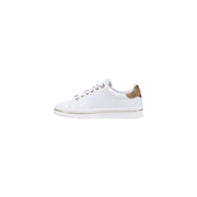 Back view of Guess women white polyurethane lace up sneaker with tan logo patch and silver metallic sole trim