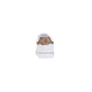 Back view of guess women white polyurethane lace up sneaker with tan patterned heel tab and metallic silver sole