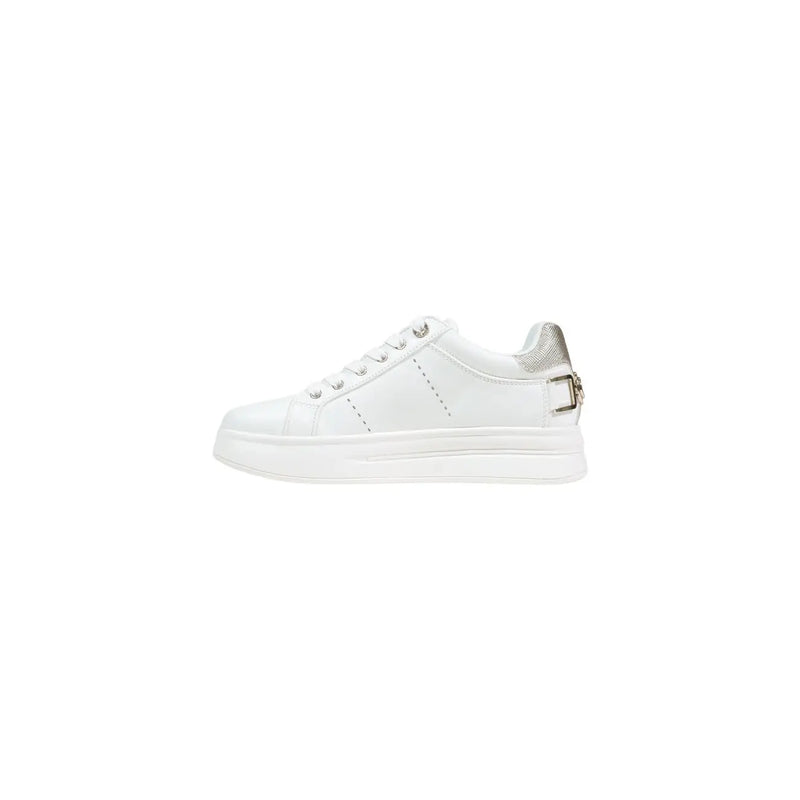 Back side of guess women white polyurethane slip on sneakers with silver metallic buckle detail on the heel
