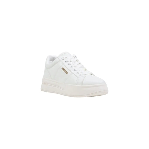 Guess women white leather sneakers with synthetic lace up, chunky sole, and gold tone branding on the side