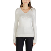 Women’s light grey long-sleeve V-neck sweater with rhinestone Guess logo