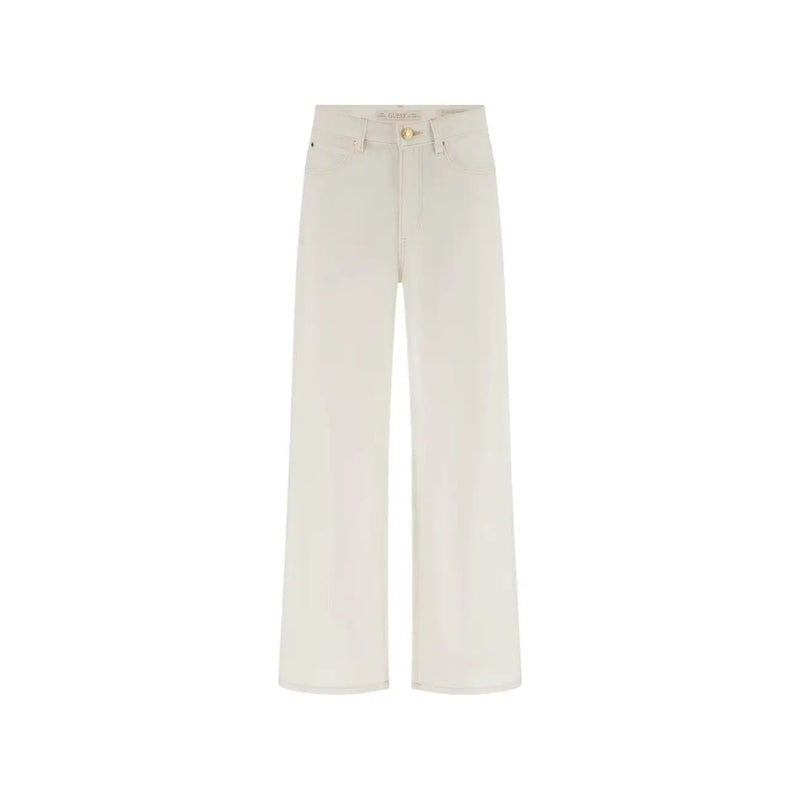 Guess women wide leg ankle trousers in cream-colored cotton lyocell denim with five-pocket design and gold-tone button closure