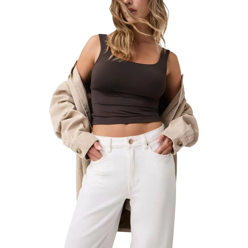 A sleek dark brown cropped tank top with square neckline paired with guess women wide leg ankle trousers white cotton lyocell
