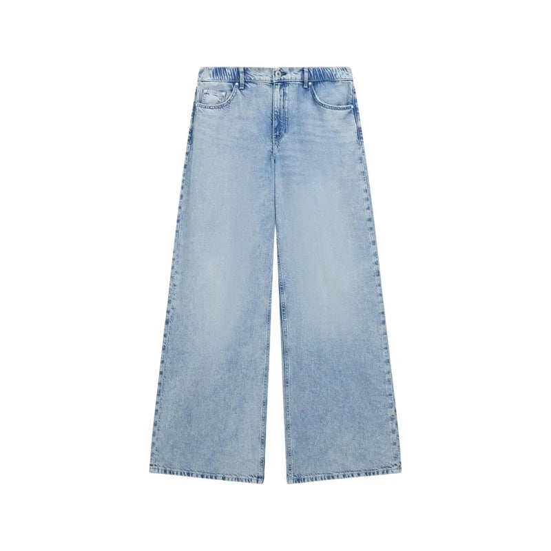 Guess women wide loose lyocell blend jeans in blue featuring a light-wash denim wide-leg relaxed silhouette with front pockets