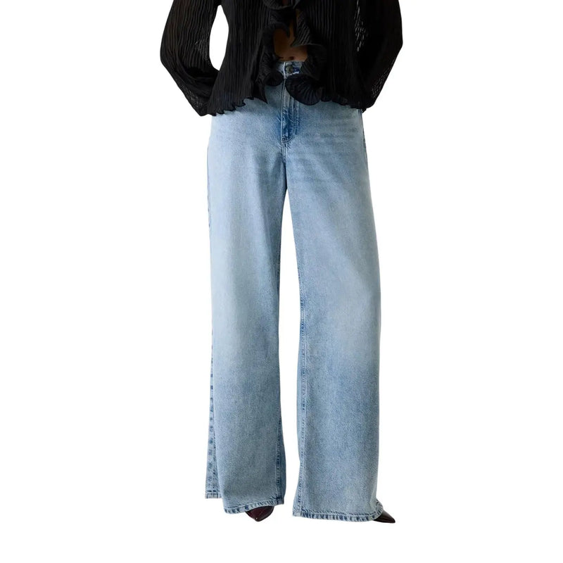 Guess women wide loose lyocell blend jeans in light-wash denim with a relaxed straight-cut silhouette and subtle fading