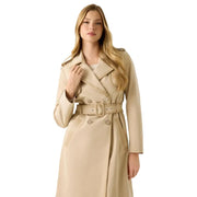 Beige trench coat with belted waist and double-breasted front in Guess women’s long blazer style with v neck