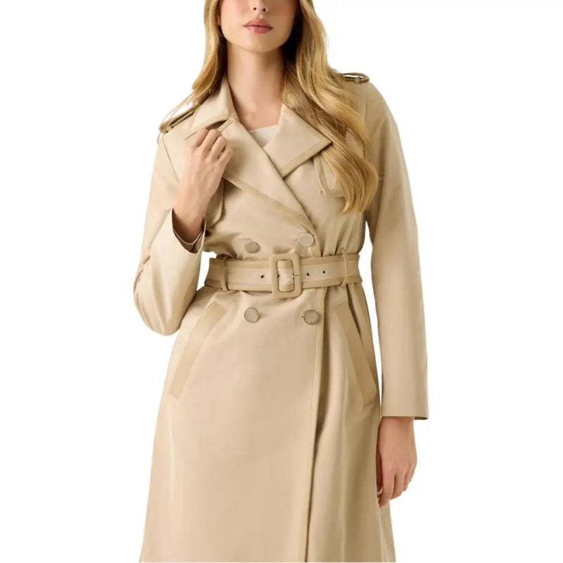 Guess women’s beige long belted blazer with v neck featuring a trench coat style double-breasted front and belted waist