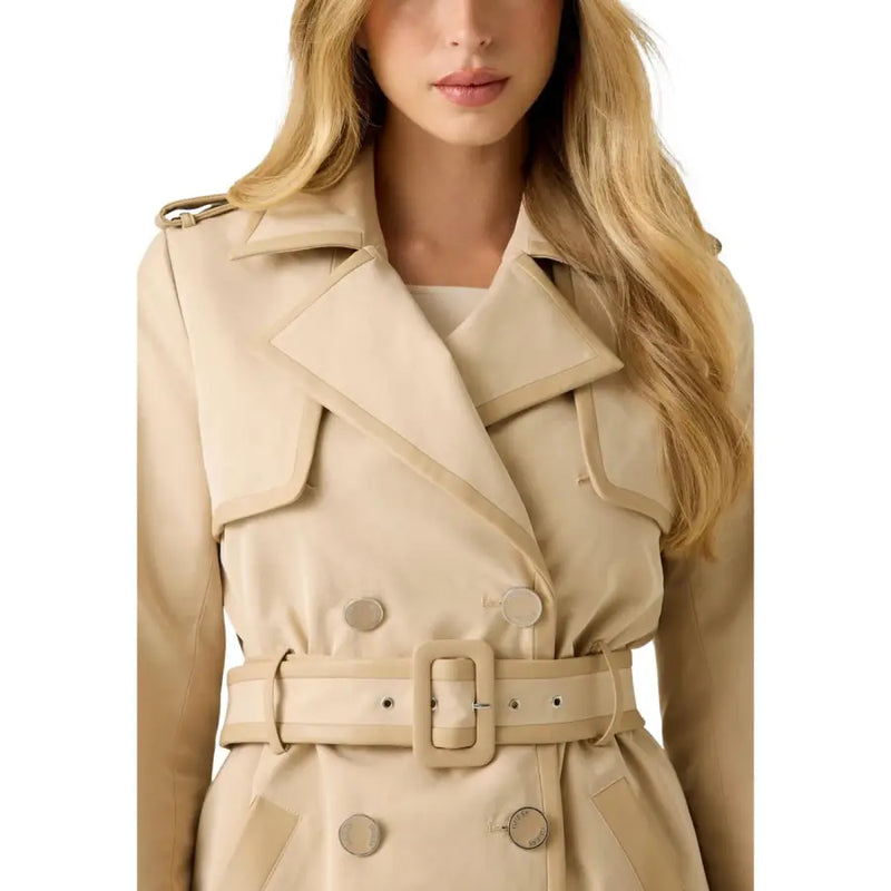 Guess women’s beige long belted blazer with v neck in a trench coat style featuring a belted waist and double-breasted front