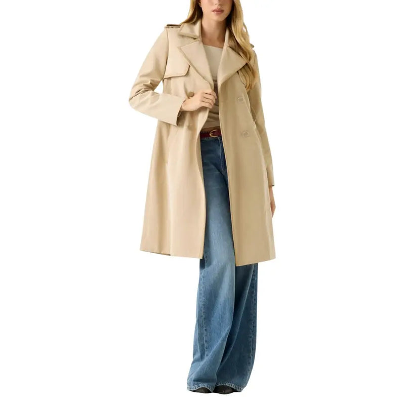 Guess womens beige long belted blazer with double-breasted design and epaulets