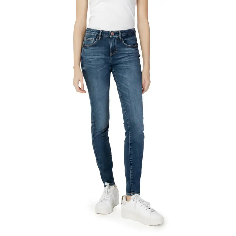 Guess Blaue, hochgeschnittene Slim-Fit-Jeans aus Denim für Damen mit Used-Look und dezenten Auswaschungen
