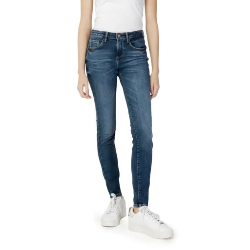 Guess Blaue, hochgeschnittene Slim-Fit-Jeans aus Denim für Damen mit Used-Look und dezenten Auswaschungen