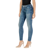 Guess women’s blue slim fit denim jeans with faded wash and worn-out effect in a casual style