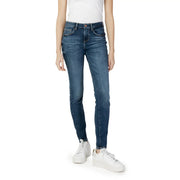 Guess women’s blue high-waisted slim-fit denim jeans with worn-out effect and subtle fading details