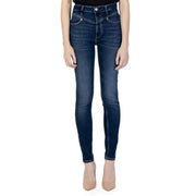 Guess women’s dark blue high-waisted skinny jeans with classic denim texture and zip and button closure