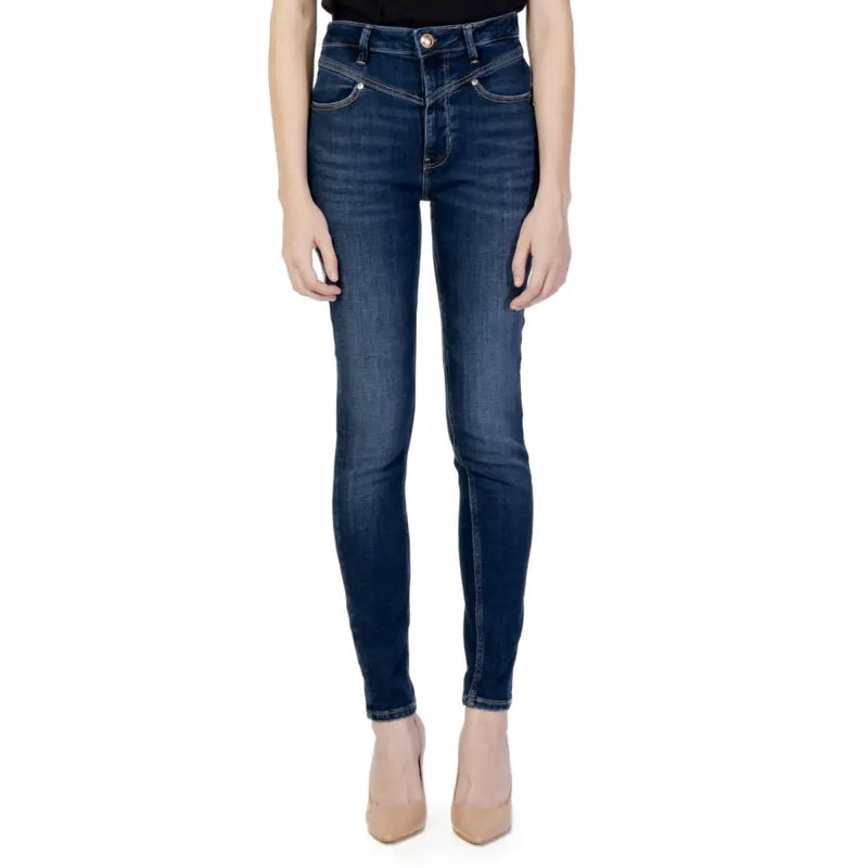 Guess women’s dark blue high-waisted skinny jeans with classic denim texture and zip and button closure
