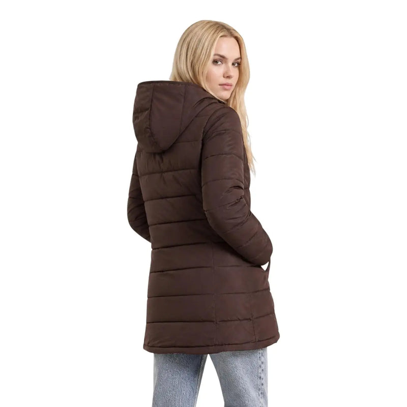 Guess Doudoune longue marron pour femme, en polyester, avec capuche matelassée, idéale pour l'hiver.