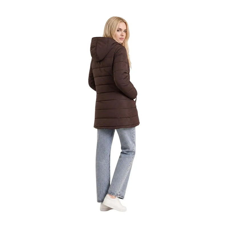 Guess Doudoune longue marron pour femme, à capuche matelassée, en polyester, idéale par temps froid.