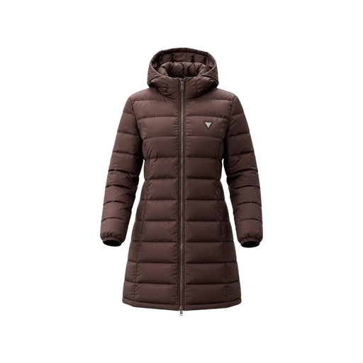Guess womens brown long quilted polyester puffer jacket with hood zipper front and elastic cuffs shown from front