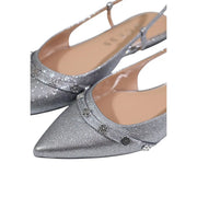 Guess womens grey slip on shoes featuring silver glittery leather flats with decorative circular studs and slingback strap