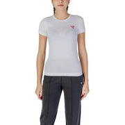 Guess Damen-Kurzarmshirt aus weißer Baumwolle t-shirt mit Rundhalsausschnitt und kleinem roten dreieckigen Logo auf der linken Brust