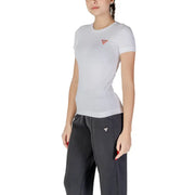 Guess Damen-Kurzarmshirt aus weißer Baumwolle mit Rundhalsausschnitt t-shirt mit einem kleinen roten dreieckigen Logo auf der Brust